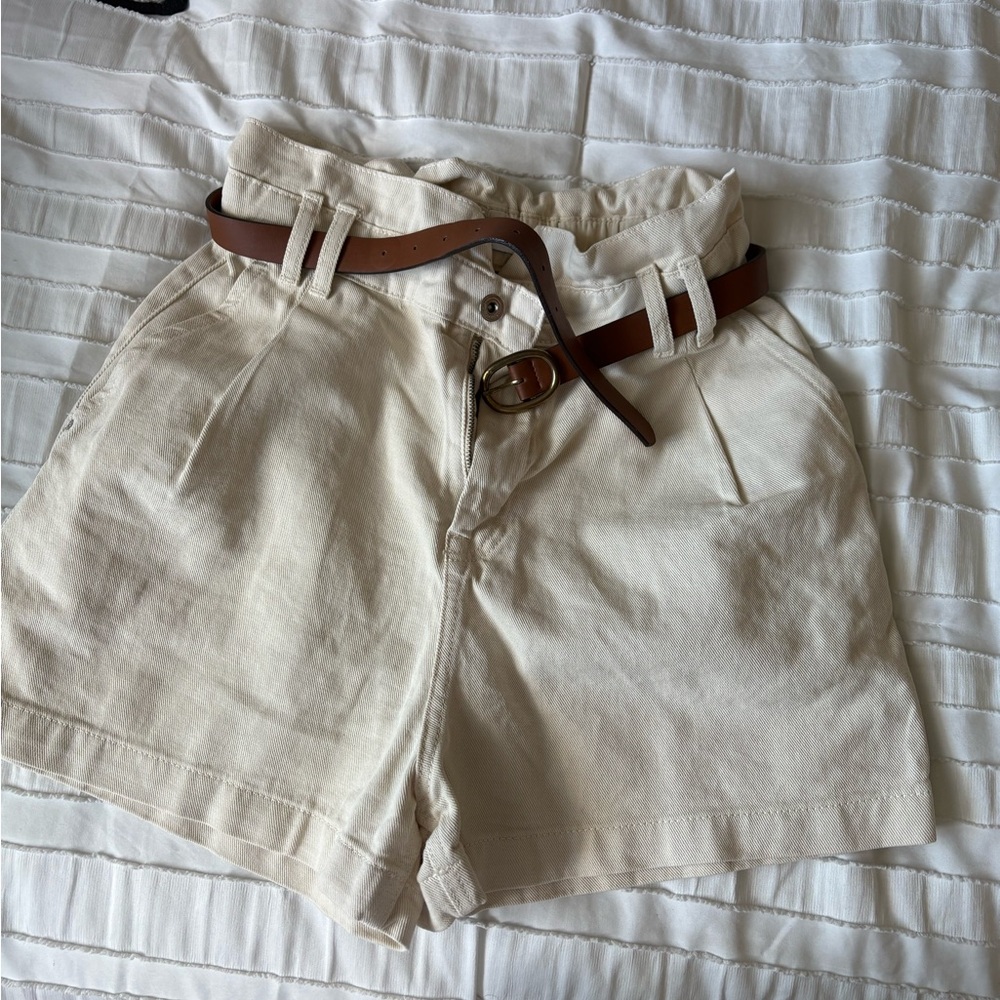 Zara High Waist Cream Shorts with Brown Belt